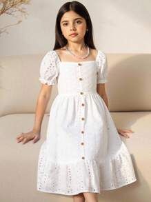 SHEIN Tween Girl Puff Sleeve Button Front Schiffy Dress - White - View 1