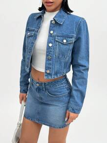 EURMUSE Rigid Casual Skirt & Jacket Denim Outfit - Medium Wash - View 5