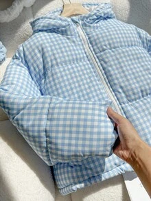 女童保暖连帽格子宽松棉服外套，适合寒冷的冬天 - 藍色 - 查看 3