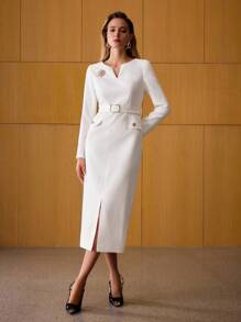 MOTF PREMIUM Váy xẻ tà có thắt lưng - trắng - Xem 4