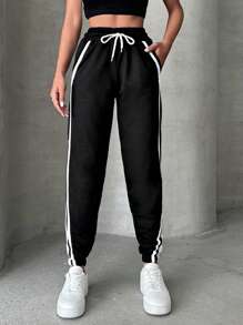 EURMUSE 95% Cotton Cottnline Drawstring Pocket Side Stripe Striped Sweatpants - Black - View 4