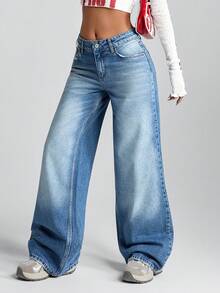 WOMEN WIDE LEG LOW WAIST JEANS Low Rise Jeans Womens Jeans Cotton Jeans Loose Jeans Wide Leg Jeans - Medium Wash - View 4