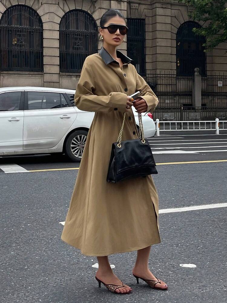Women's Contrast Color Lapel Long Sleeve Single-Breasted Casual Shirt Midi Dress