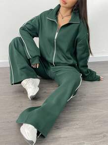 INAWLY Set de chaqueta y pantalones casual con bloques de color y ribetes, para otoño/invierno - Verde Oscuro - Ver 3