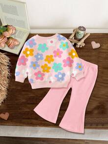 SHEIN 柔和的粉红色，可爱的多巴胺花朵图案，年轻女孩休闲简约圆领长袖运动衫和喇叭裤套装，适合秋冬季，秋季服装，轻松舒适，儿童秋季分层，时尚儿童，休闲装，儿童图案服装，返校，秋季服装 - 彩色 - 查看 2