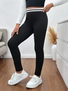 SHEIN Leggings casuales de cintura para niña preadolescente con parches en contraste de color negro y blanco