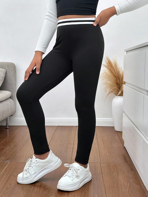 SHEIN Tween Girl Black And White Contrast Color Patchwork Casual Waistline Girl's Leggings