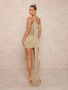 Lumalex Metal Decor Asymmetrical Ruffle Drape Bodycon Mini Dress For Women,Dresses For Women Party Night Out Champagne Gold Summer - Khaki - View 7