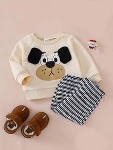Perso Play Baby Boy Autumn Apricot Sweatshirt With Raglan Sleeves, Flattering Fit, Cute Puppy Graphic, Striped Pants, Essential Daily Outfit - Multicolor - View 3
