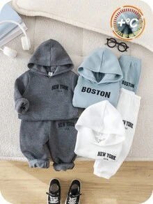 SHEIN 6件套婴儿男女童可爱休闲运动字母印花长袖连帽卫衣和慢跑裤套装，男女通用婴儿服装，婴儿冬季服装 - 彩色 - 查看 7