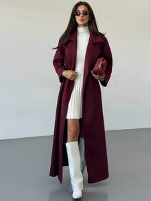 Aloruh 双排扣系腰长款大衣，纯色，适合秋冬季节穿着。 - 中紫紅色 - 查看 6