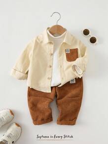 Cozy Pixies 男婴撞色口袋翻领长袖开衫和松紧腰裤套装，男婴灯芯绒裤，男婴灯芯绒套装，男婴秋季服装，棕色男婴服装，男婴亚麻衬衫（冬季款） - 彩色 - 查看 3