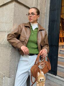 Siren Gaze Chic Brown PU Jacket For Women, 2025 New Fall Winter Clothes, Old Money Style Loose Fit Zip - Up With Patch Pockets, Elegant Casual Wear For Party/Commuting/Street Outfits, Must - Have Winter Jackets