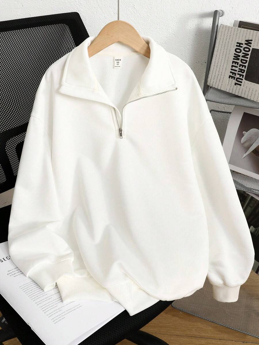 SHEIN Sudadera gris jaspeada de cuello alto y media cremallera, estilo básico informal para niña preadolescente - Blanco - Ver 1