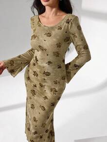 Modelyn 女士优雅玫瑰提花系带针织中长连衣裙，长袖，圆领 - 棕色 - 查看 7