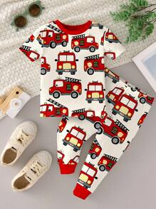 Toddler Boys Round Neck Short Sleeve Long Pajama Set Featuring Fun Cartoon Fire Truck Pattern Baby Boy Fire Truck Clothes Toddler Fire Truck Pajamas Baby Boy Firetruck Outfit 2 Piece Baby Boy Pajamas Boys Pajama Set Cotton