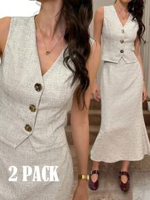 Easowa 秋冬杏色背心和长裙女套装，适合日常通勤和办公室穿着粗花呢两件套两件套裙套装女士两件套女士优雅女士粗花呢套装粗花呢裙套装女士教师装商务休闲女士纽扣衬衫女士金属纽扣女士套装两件套秋季套装商务休闲 - 杏色 - 查看 2