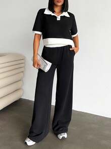 EURMUSE Women Polo Neck Top Tshirt And Contrast Belt Detailed Pant Two Pieces Set Halloween Fall Halloween Plus Size - Black and White - View 7