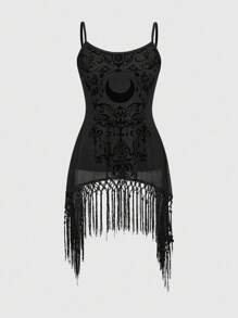 ROMWE Hippie 女式植绒网眼哥特式暗球透明流苏度假连衣裙 - 棕色 - 查看 1