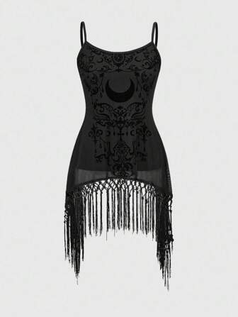 Hippie Abito da donna in tulle floccato e scuro con nappine, adatto per vacanze in stile gotico