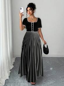 Elenzga Kooky Elegance Collection (Woe Is Me Vibes)(Wednesday Aesthetic) Plus Size Women's Summer New High-End Casual Basic French Retro Sexy Black And White Striped Knit Sleeveless V-Neck Design Fitted Elegant Versatile Blouse, Shirt, Dress