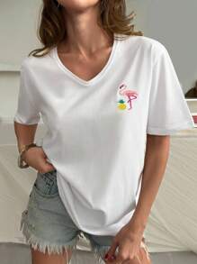 EURMUSE 女士火烈鸟和菠萝印花V领短袖休闲T恤 - 白色 - 查看 6