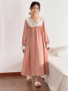 Tween 女童碎花 V 领长袖宽松休闲睡袍，度假休闲碎花长袖连衣裙 - 粉色 - 查看 5