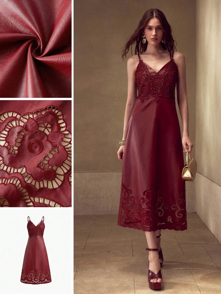 WOMEN'S HOLLOW EMBROIDERED PU SLIP MIDI DRESS