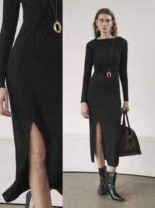Uhlyne Uhlyne Women's Elegant Black Autumn Office Wear Knit Dress,Minimalist Metal Buckle Off Shoulder Long Sleeve Twist Waist Slit Casual Vacation Cloth - Black - View 1