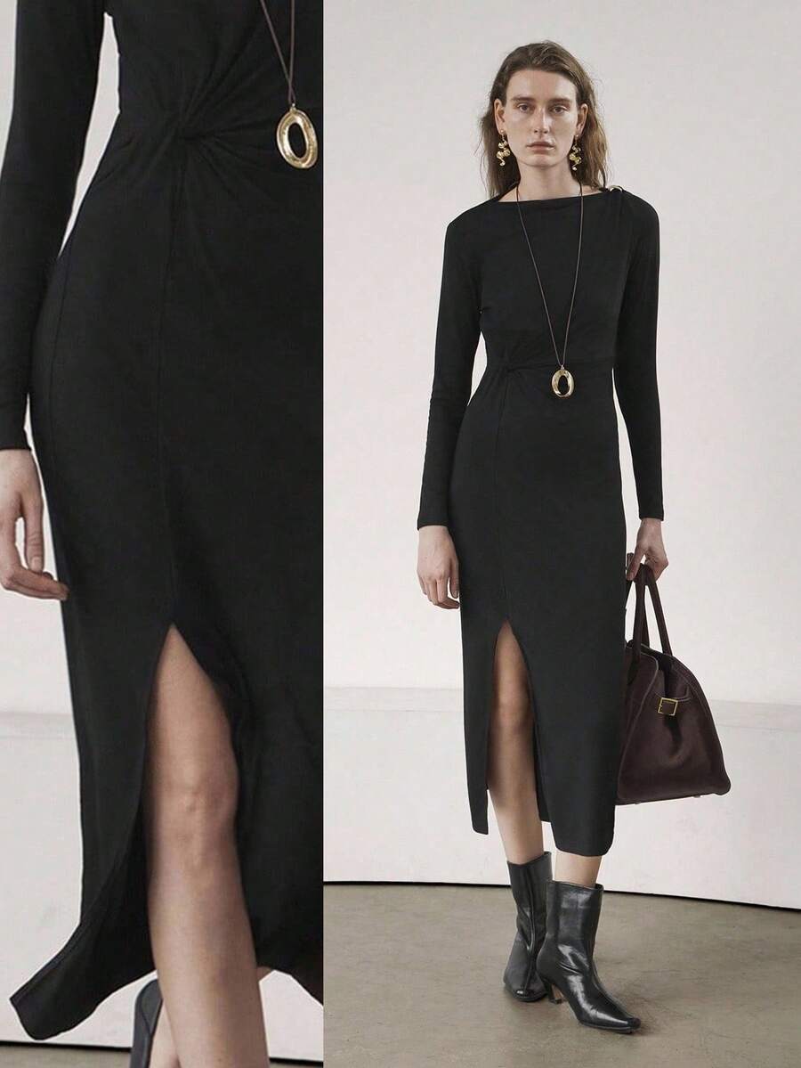 Uhlyne Uhlyne Women's Elegant Black Autumn Office Wear Knit Dress,Minimalist Metal Buckle Off Shoulder Long Sleeve Twist Waist Slit Casual Vacation Cloth - Black - View 1