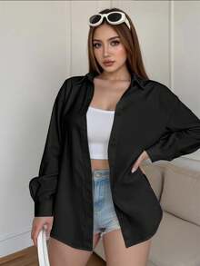 INAWLY 女式加大码纯色长袖单排扣休闲/工作衬衫 - 黑色 - 查看 3