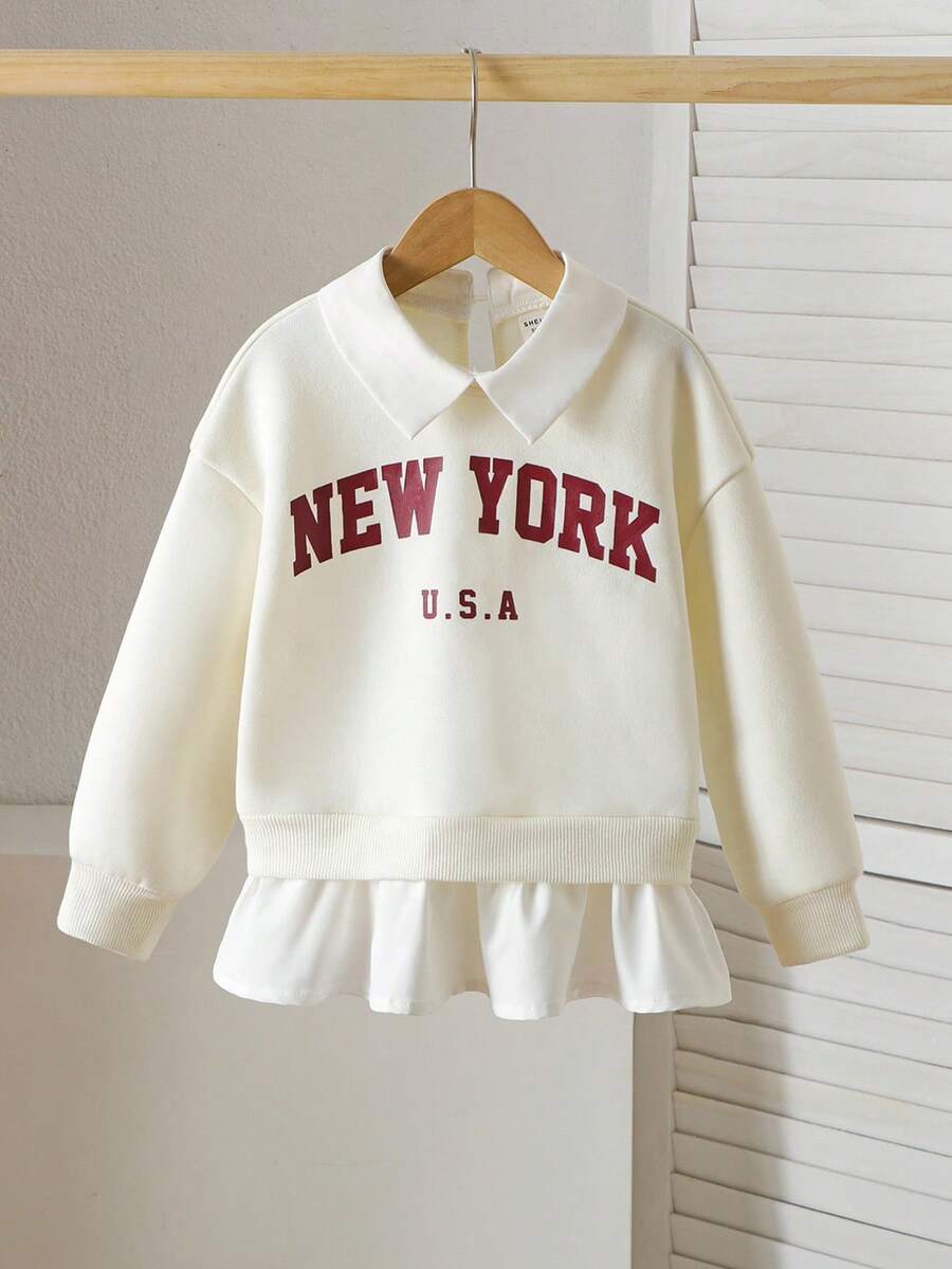 SHEIN Young Girl Letter Print Color Block 2 In 1 Thermal Lined Casual Crew Neck Long Sleeve Sweatshirt, Autumn/Winter Fall - Apricot - View 1