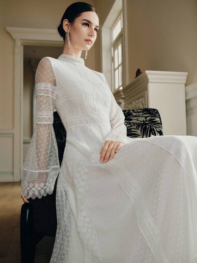 Elegant & Gentle Embroidered Polka Dot Lace Patchwork Long Sleeve Stand Collar Party Dress, Vacation Style