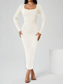 SHEIN PETITE 秋装纯色方领紧身黑色长袖连衣裙 - 白色 - 查看 7