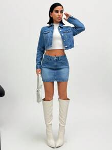 EURMUSE Rigid Casual Skirt & Jacket Denim Outfit - Medium Wash - View 3