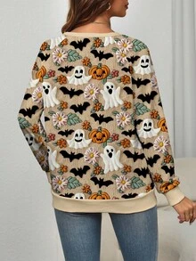 EMERY ROSE Apricot Ghost, Pumpkin, Bat Print Plus Size Halloween Raglan Sweatshirt Fall Cloth For Women Winter Autumn - Multicolor - View 2