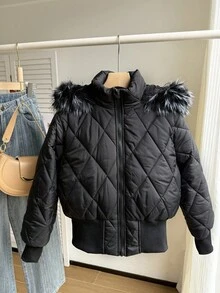 SHEIN Teens' Padded Coat, Hooded With Fur Collar, Diamond Pattern Cuffs And Hem, Suitable For Play And Back To School, Winter Fall