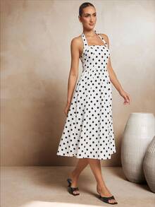 L'Amorae 无袖挂脖波点修身喇叭中长连衣裙 - 黑與白 - 查看 1