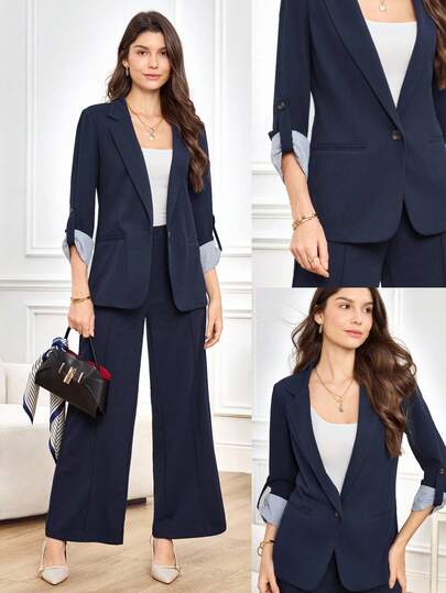 Miaspire 女士秋冬套装，包括西装外套和直筒裤
