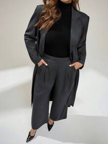 Auralis بدلة رسمية للنساء ذوات الأحجام الكبيرة للربيع والخريف، بتصميم كاجوال فضفاض مريح للاستخدام اليومي، بسترة طويلة ضيقة وبنطال واسع، مجموعة بدلة رمادية، بطراز "Old Money"، كاجوال للعمل، ملابس مكتبية للنساء، ملابس عمل، ملابس الخريف - رمادي - مشاهدة 8