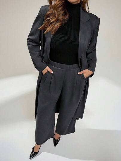 Auralis Plus Size Women's Spring And Fashion Casual Loose Comfortable Daily Versatile Slim Long Suit Jacket And Wide-Leg Pants Gray Suit Set,Old Money Style,Business Casual Woman,Office Outfits For Women,Work Wear Outfits Clothes For Women