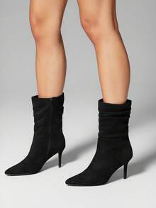 SHUZIA Women's Sexy Point Toe Stiletto Heel Faux Suede Mid-Calf Slouchy Boots - Black - View 5