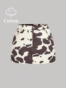 SHEIN MOD 大码女式休闲牛仔印花口袋牛仔迷你裙 - 棕色 - 查看 1