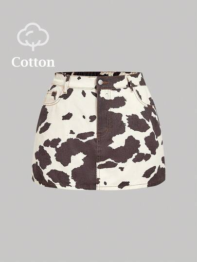 SHEIN MOD Plus Size Women's Casual Cow Print Pocket Denim Mini Skirt,Halloween Skirt,Fall Women Clothes,Halloween Costumes,Cheetah Print Skirt,Goth Skirt,Cowgirl Outfits For Women,Vintage Clothes Women,Fall Clothes For Women