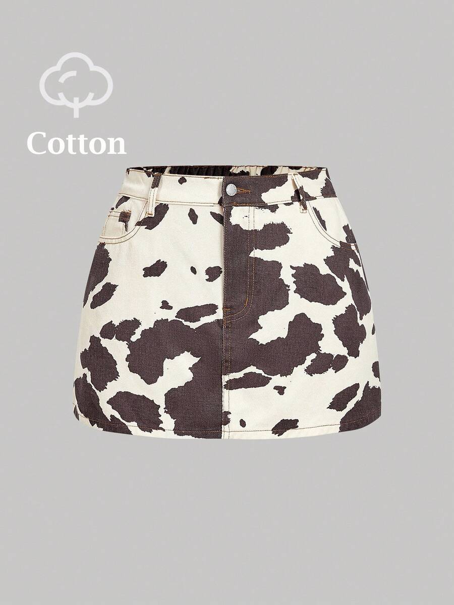 SHEIN MOD 大码女式休闲牛仔印花口袋牛仔迷你裙 - 棕色 - 查看 1