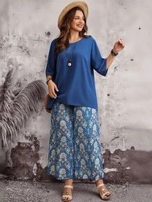 EMERY ROSE Große Größen Urlaubs-Lässig Einfarbiges Hemd & Weite Hose 2-teiliges Set - Blau - Übersicht 6