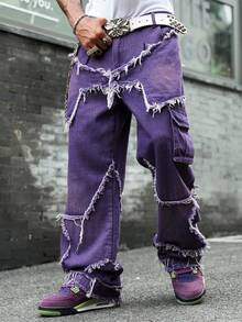 Manfinity EMRG Men's Simple Button Front Pocket Frayed Hem Casual Denim Jeans - Purple - View 4