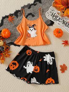 Conjunto de pijama de 2 piezas con camiseta de tirantes con gráfico minimalista de fantasma de Halloween y shorts para niña preadolescente, pijamas de Halloween de vuelta a la escuela - Naranja - Ver 3