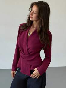 Aloruh 女士休闲/办公纯色不对称下摆裹身衬衫，适合秋季穿着，适合所有女性，秋季女装，教师款，商务休闲女装，商务休闲女装，商务休闲女装，秋季女装，酒红色深V腰部不对称褶裥显瘦气质办公通勤长袖衬衫，优雅女式衬衫，时尚女式衬衫，酒红色上衣，优雅女式衬衫 - 酒紅色 - 查看 5