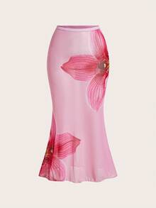 3pcs Swim Oasis Women's Vacation Floral Swimsuit, Fashionable Sexy Deep V-Neck Spaghetti Strap Bikini Top And Mini Skirt Plus Size Set